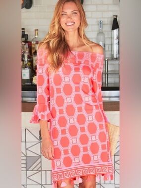 Cabana Life Coral Geo Off-Shoulder Mini Dress